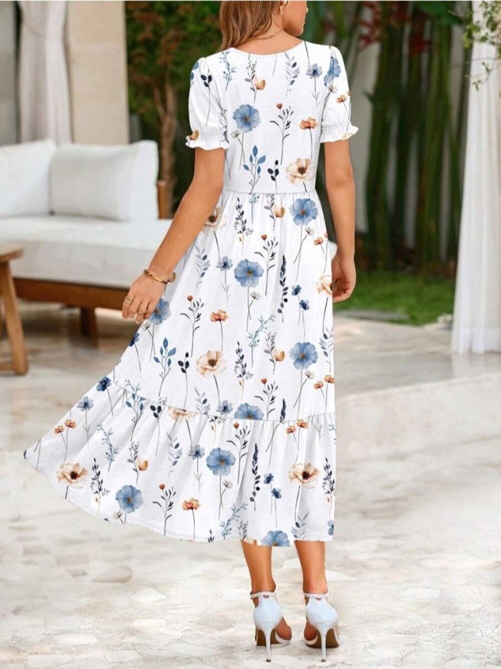 Zeagoo Women's White Floral Flowy Casual Short Sleeve Tiered Midi Maxi Dress - Picture 6 of 6